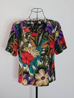 Vintage Dana Buchman 100% Silk Tropical Floral Button Back Bluse- Size 10
